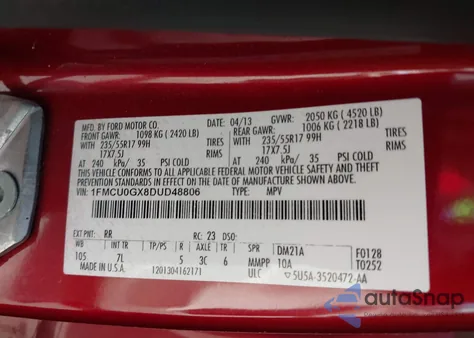 2013 Ford Escape Se z USA, uszkodzony, nr VIN 1FMCU0GX8DUD48806